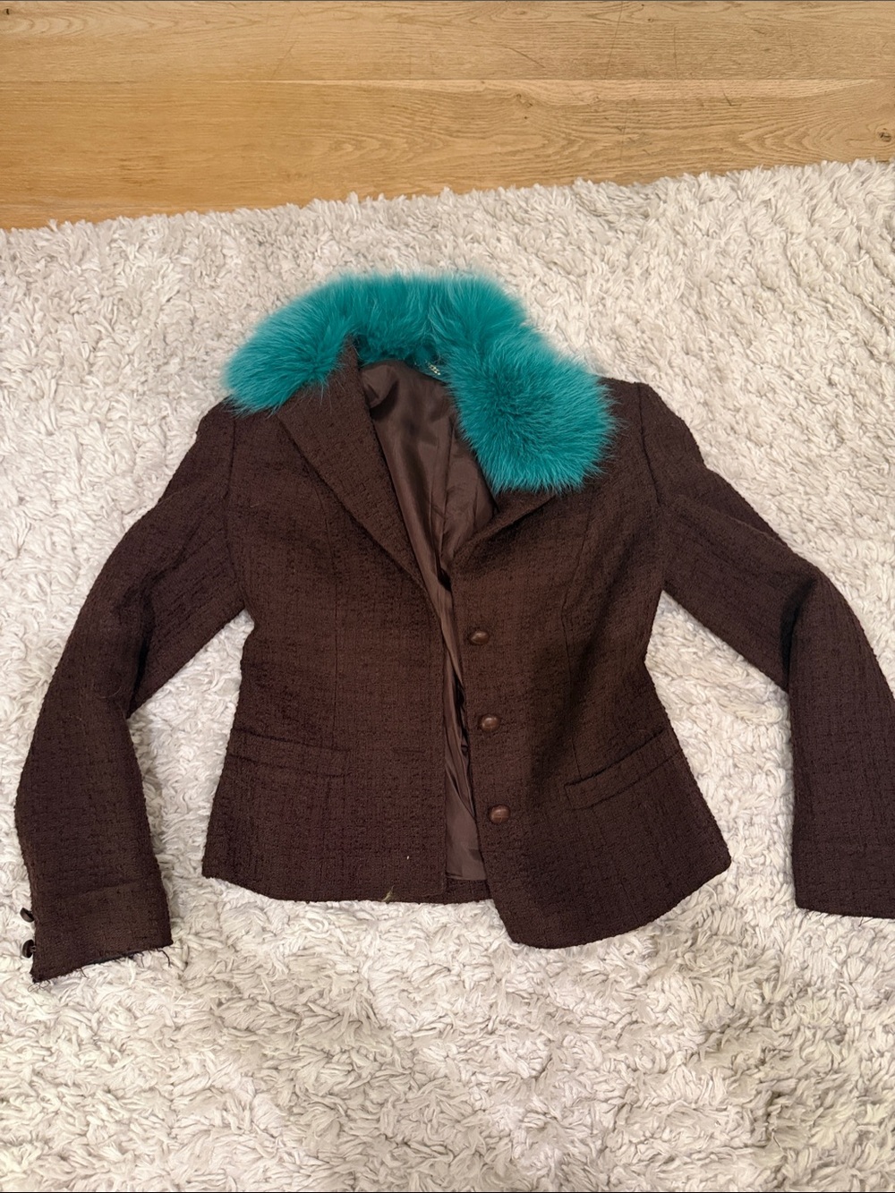 Designer Anna Molinari Brown blazer with Teal Faux-Fur Collar (Blumarine founder